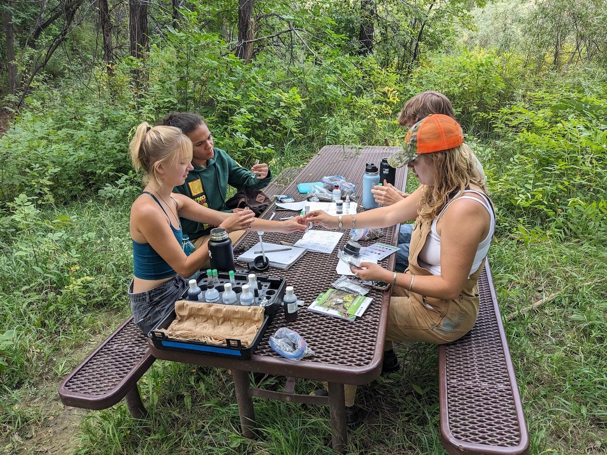 4 students using a field chemistry kit sitting at a metal bench in the woods